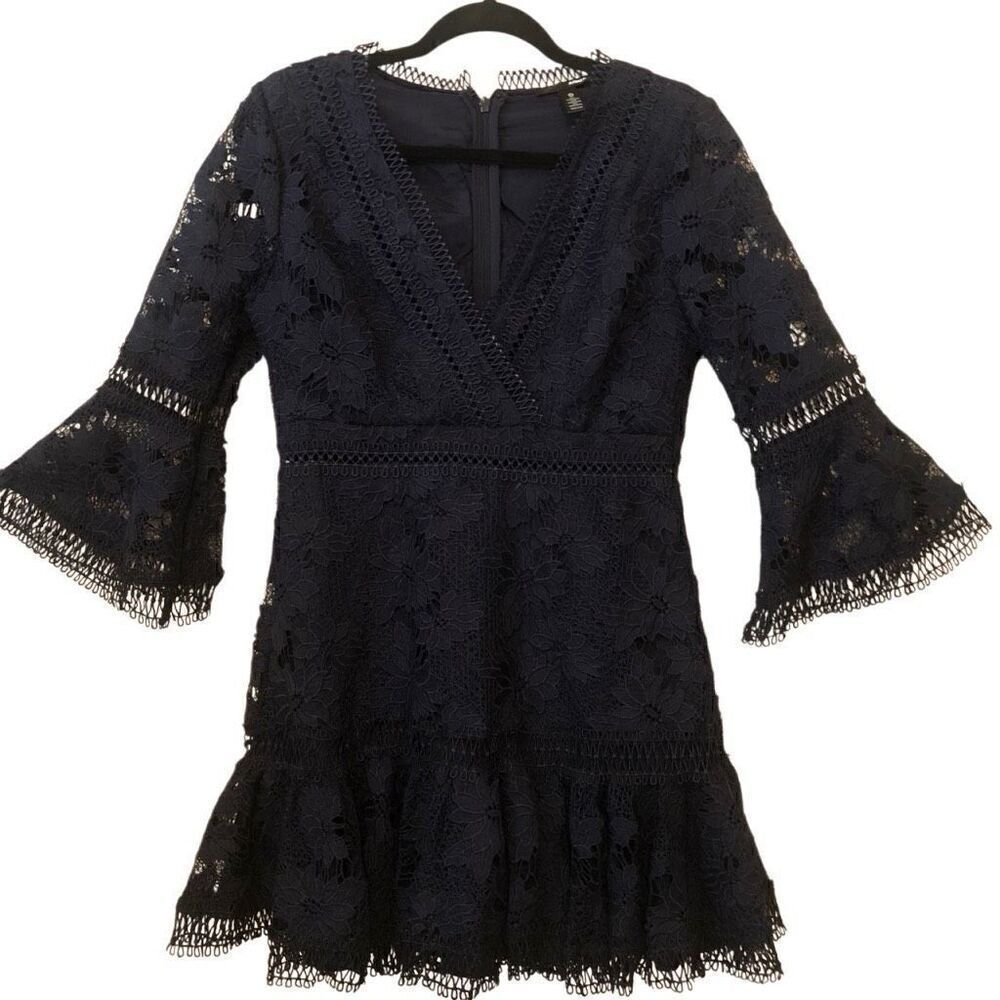 Aqua Navy Blue Lace Fit and Flare Coquette Mini Dress Size M